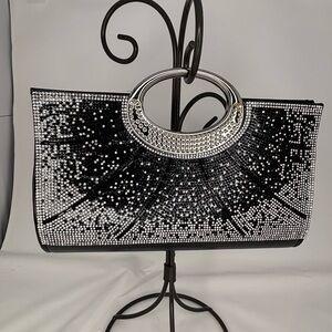 Glamorous Black and Silver Evening Clutch with Rhinestone Handle